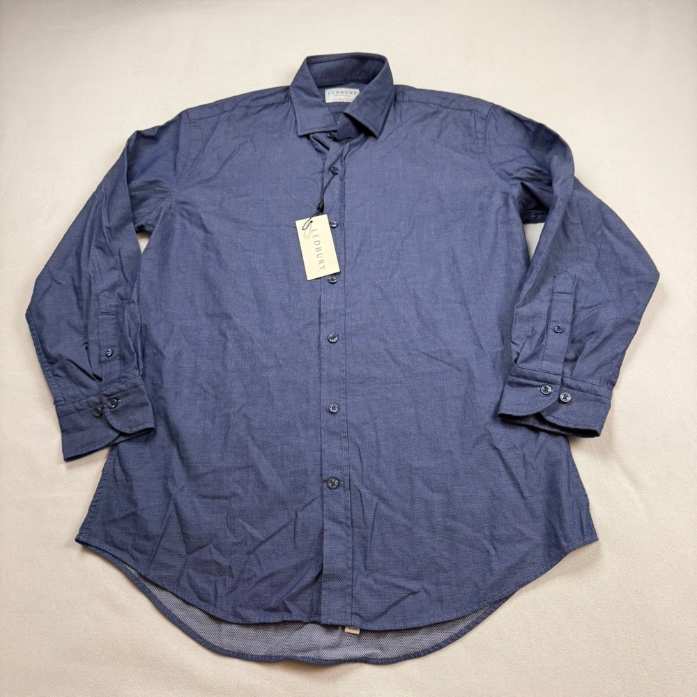 Ledbury Tailored Fit Blue Micro Pattern Cotton Button Down Shirt Mens 16 1W22L4